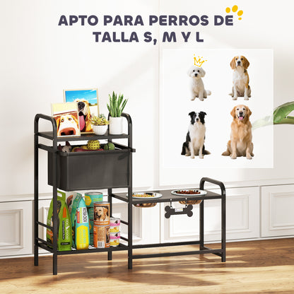 Comedero Perro Elevado con Cajón de Tela 2 Cuencos de Acero Inoxidable 2x800 ml Altura Ajustable 2 Estantes Negro
