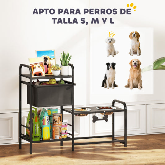 Comedero Perro Elevado con Cajón de Tela 2 Cuencos de Acero Inoxidable 2x800 ml Altura Ajustable 2 Estantes Negro