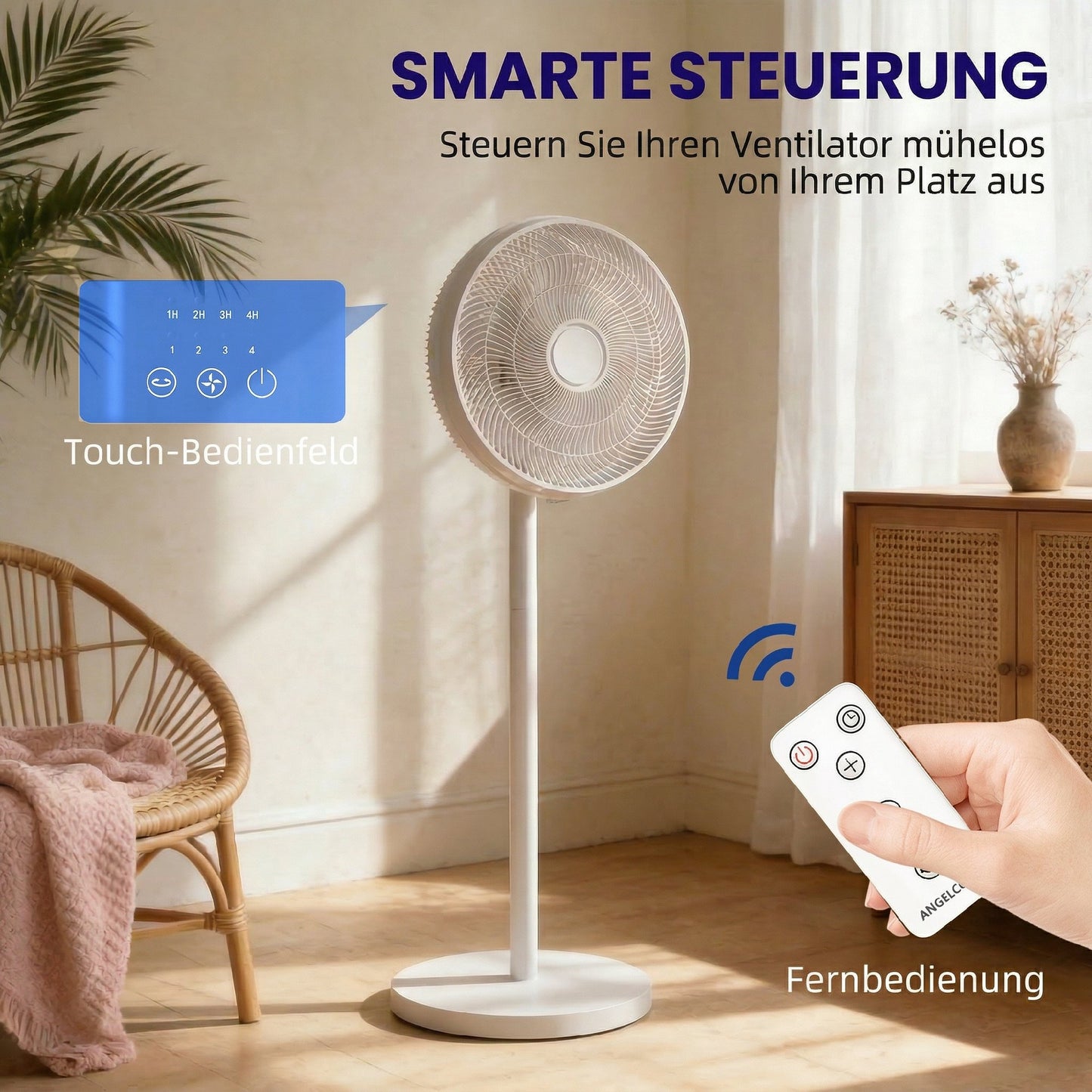 Ventilador de Pie con Control Remoto Altura Ajustable 4 Velocidades Oscilación 80° Temporizador 10H Pantalla LED Blanco