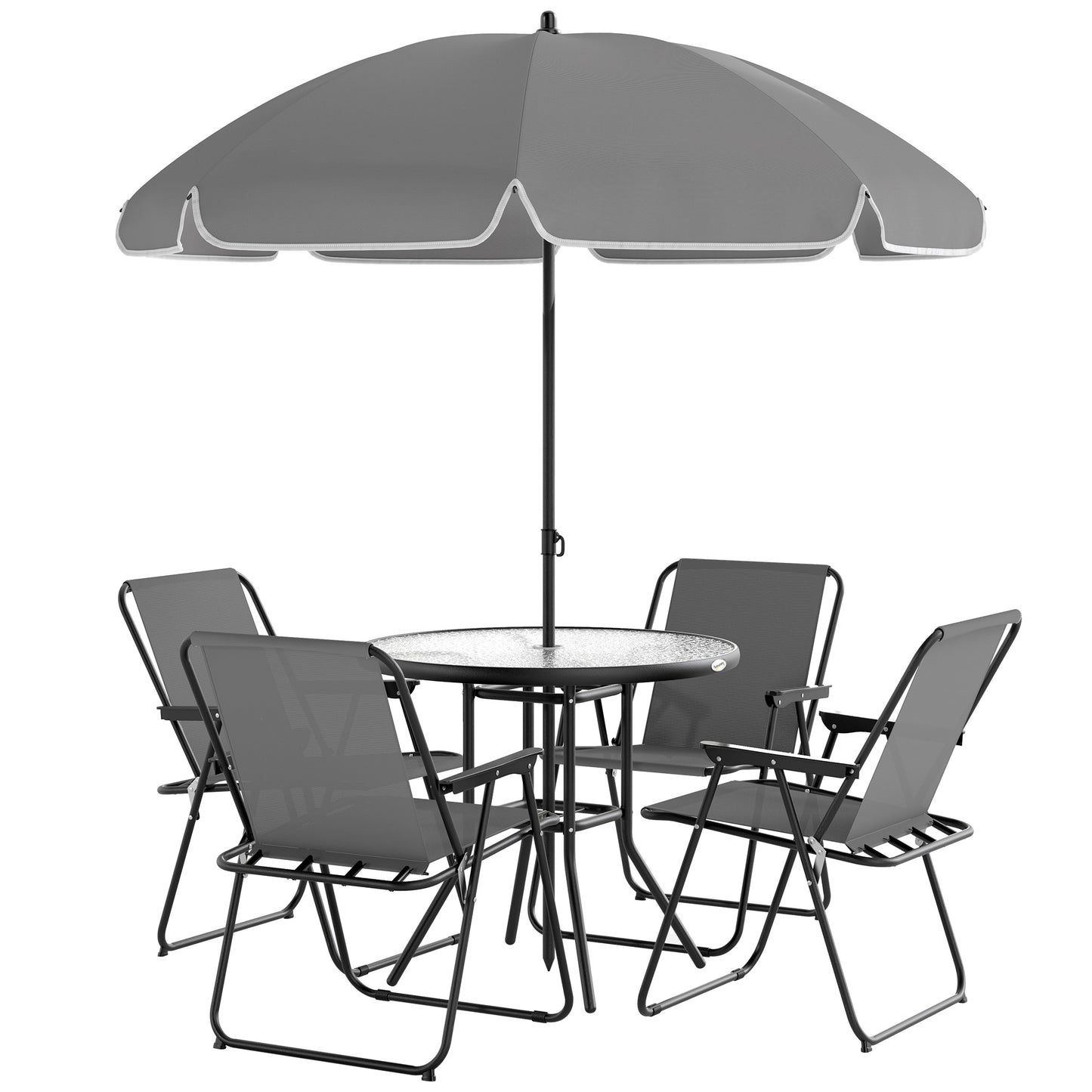 4 Seater Garden Furniture Set, 6 Pieces Garden Table and Chairs with Parasol, Outdoor Garden Dining Set with Folding Chairs and Round Glass Top Table for Patio, Grey