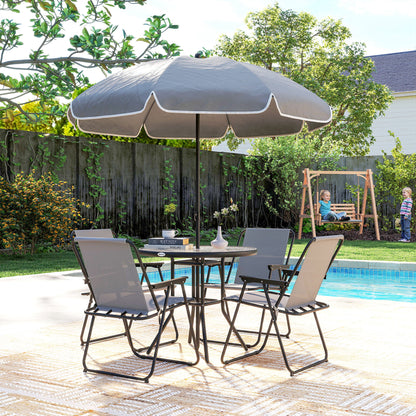 4 Seater Garden Furniture Set, 6 Pieces Garden Table and Chairs with Parasol, Outdoor Garden Dining Set with Folding Chairs and Round Glass Top Table for Patio, Grey