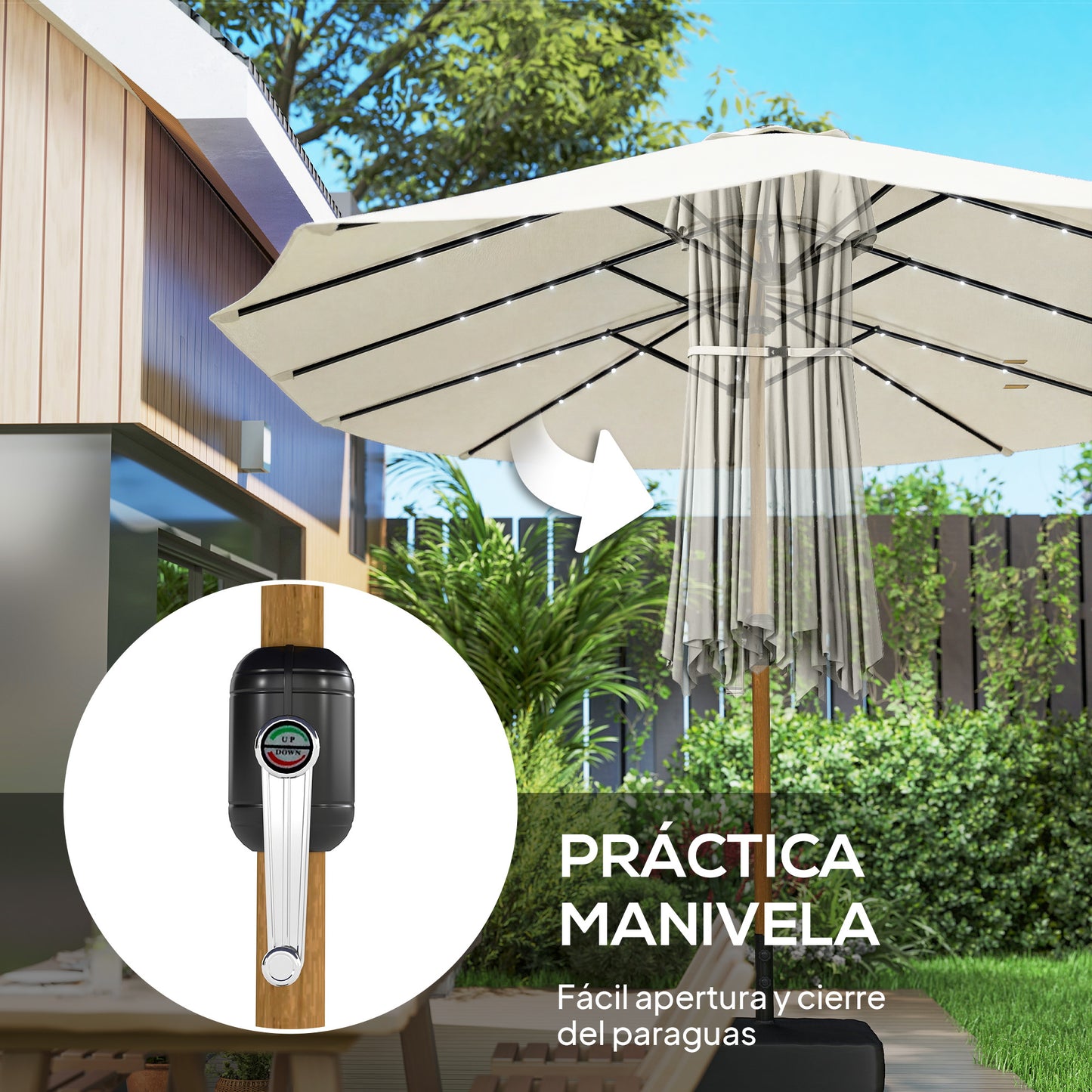 Sombrilla de jardín de doble cara con base incluida y 48 luces LED solares. Manivela para sombrilla de patio de 4,6 m, color blanco crema.