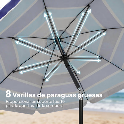 Sombrilla de Playa con Mesa Plegable y Portavasos Ø198 cm Altura Ajustable Inclinación Bolsa de Transporte Multicolor