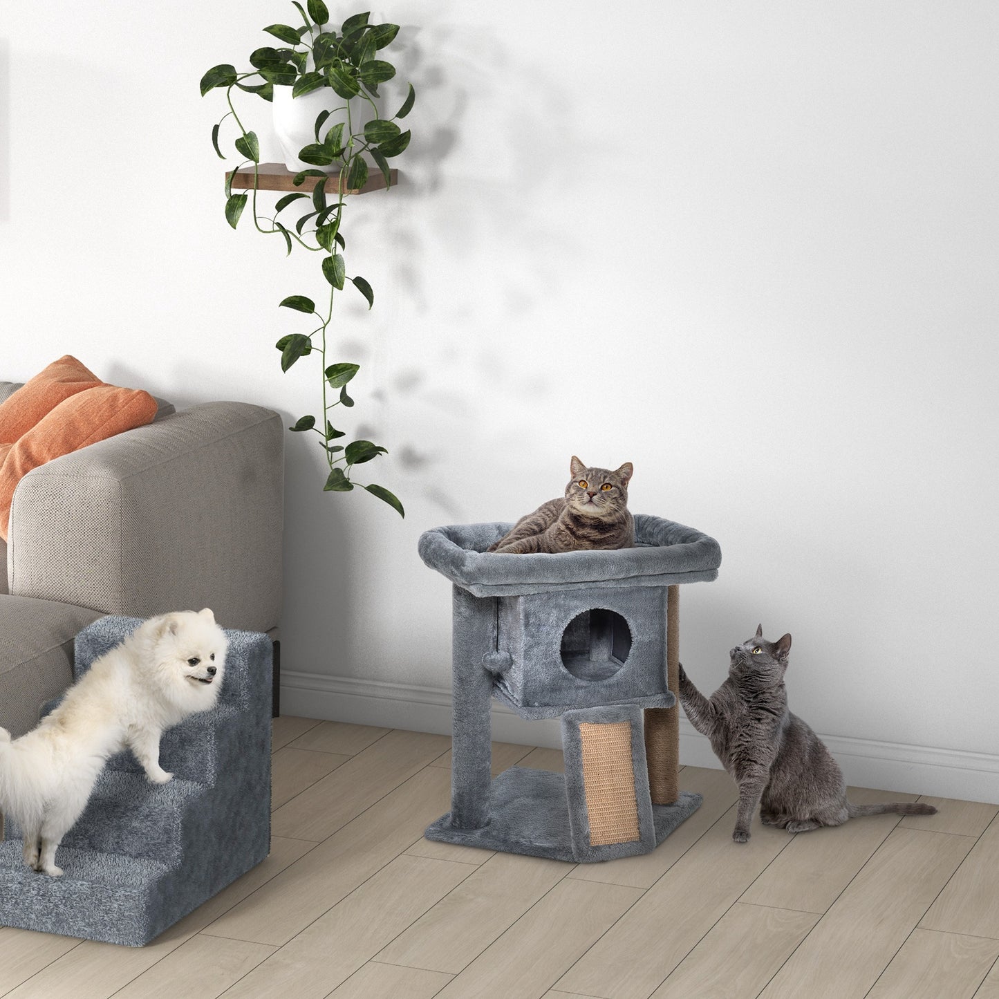 Árbol Rascador para Gatos Pequeños de 57 cm con Poste de Yute Rampa para Rascar Cama y Bola Colgante 40x40x57 cm Gris