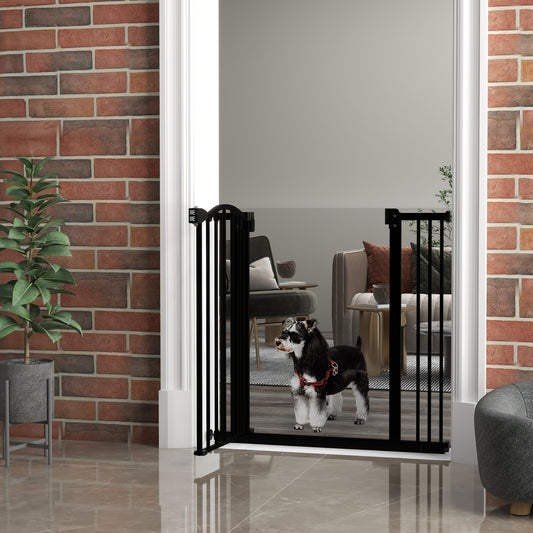 Puerta de seguridad para mascotas ajustable de metal 74-87 cm con puerta de cierre automático Negra