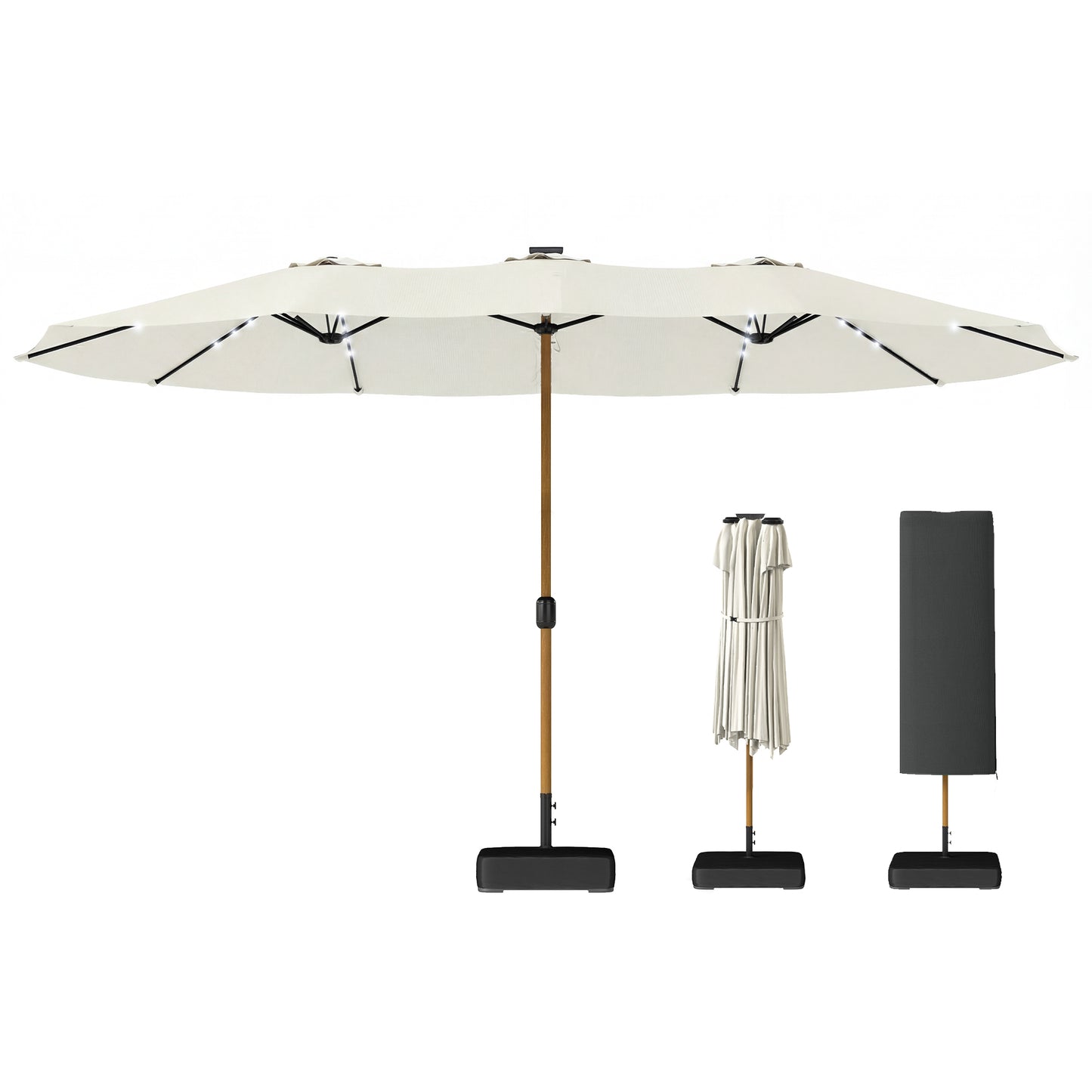 Sombrilla de jardín de doble cara con base incluida y 48 luces LED solares. Manivela para sombrilla de patio de 4,6 m, color blanco crema.
