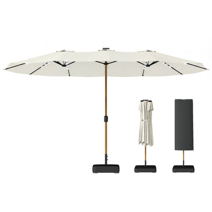 Sombrilla de jardín de doble cara con base incluida y 48 luces LED solares. Manivela para sombrilla de patio de 4,6 m, color blanco crema.