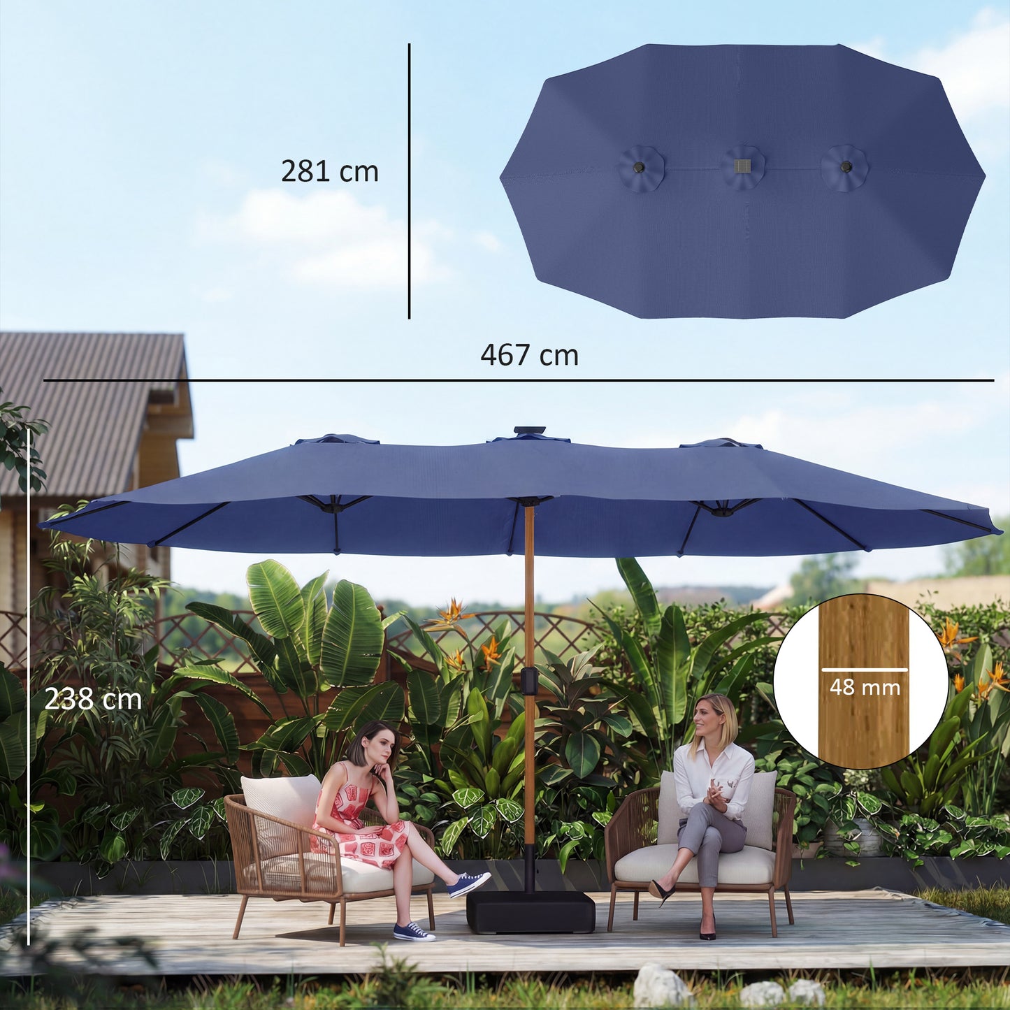 Sombrilla Doble de Jardín 4,7x2,8 m con Base Incluida Manivela Sacos de Arena Protección UV Impermeable Azul Oscuro