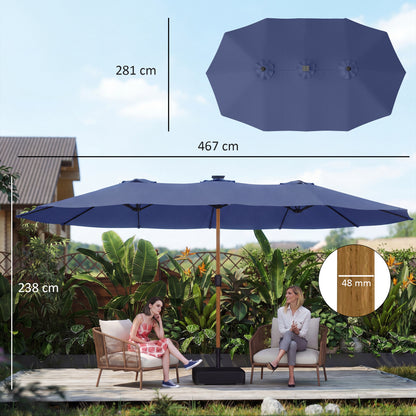 Sombrilla Doble de Jardín 4,7x2,8 m con Base Incluida Manivela Sacos de Arena Protección UV Impermeable Azul Oscuro