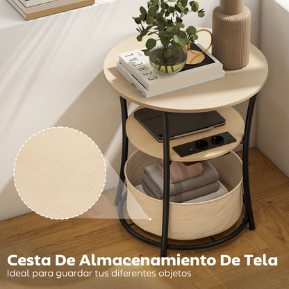Mesa Auxiliar Redonda de 3 Niveles con Estación de Carga 3 Estantes y Bolsa para Salón Dormitorio Ø50x55,1 cm Natural