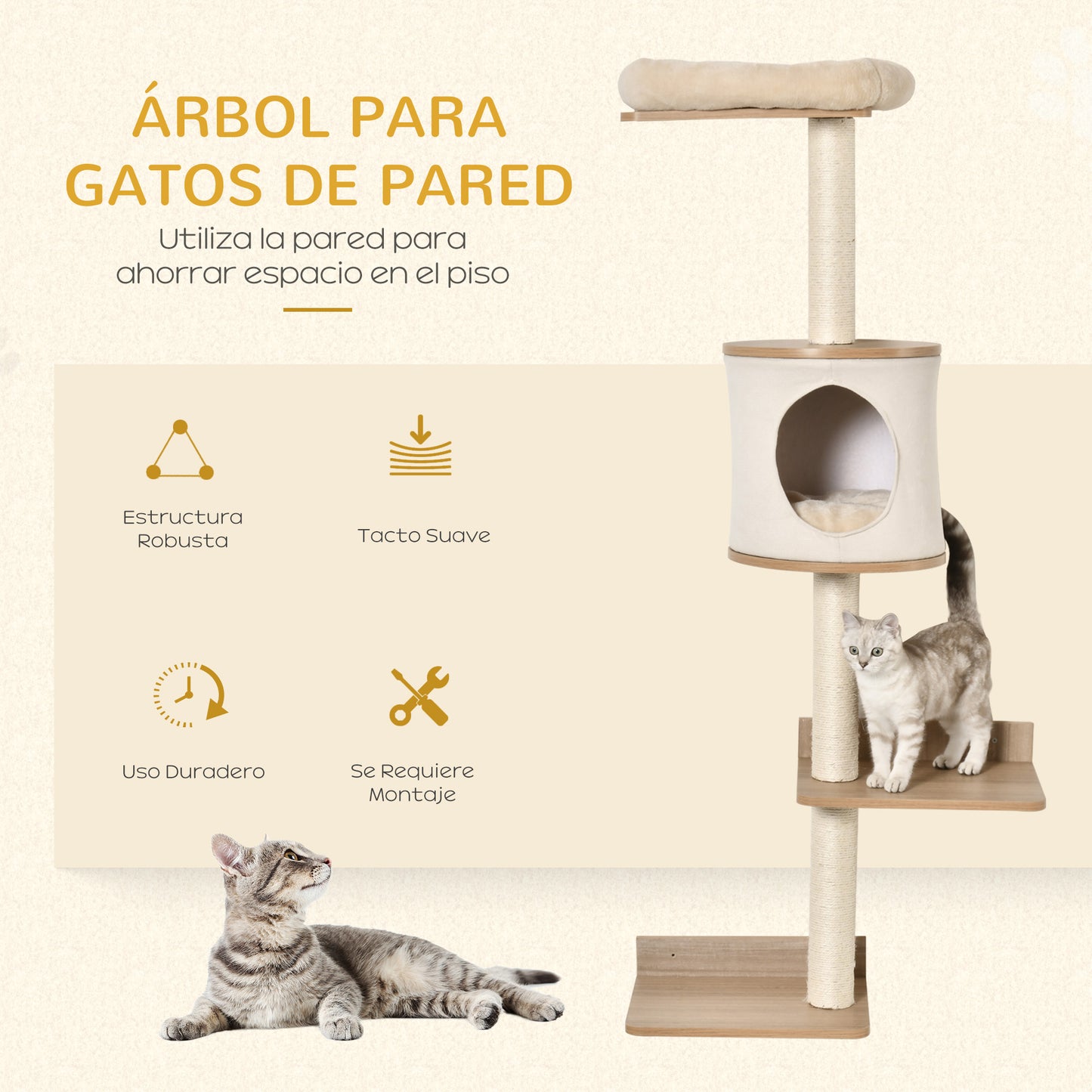 Árbol para Gatos de Pared 38x30x149 cm con Múltiples Plataformas de Madera Cueva Cama Superior Cojín Extraíble Postes Rascadores de Sisal Torre para Escalar Beige y Roble