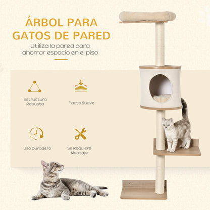 Árbol para Gatos de Pared 38x30x149 cm con Múltiples Plataformas de Madera Cueva Cama Superior Cojín Extraíble Postes Rascadores de Sisal Torre para Escalar Beige y Roble