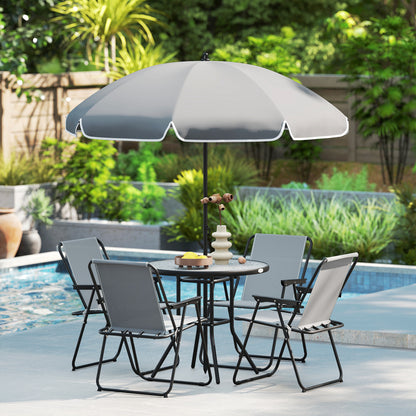 4 Seater Garden Furniture Set, 6 Pieces Garden Table and Chairs with Parasol, Outdoor Garden Dining Set with Folding Chairs and Round Glass Top Table for Patio, Grey