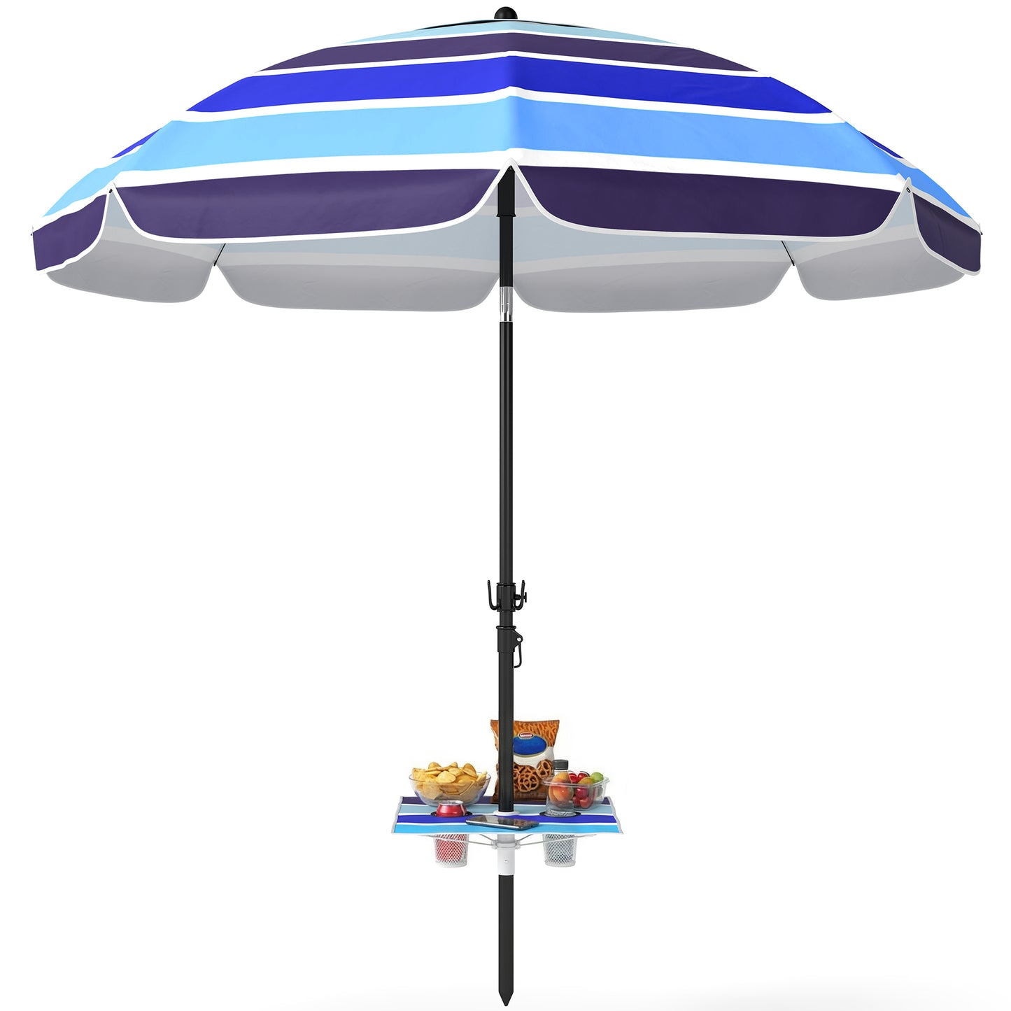 Sombrilla de Playa con Mesa Plegable y Portavasos Ø198 cm Altura Ajustable Inclinación Bolsa de Transporte Multicolor