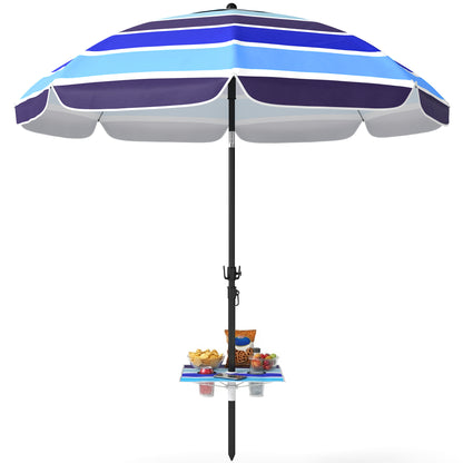 Sombrilla de Playa con Mesa Plegable y Portavasos Ø198 cm Altura Ajustable Inclinación Bolsa de Transporte Multicolor