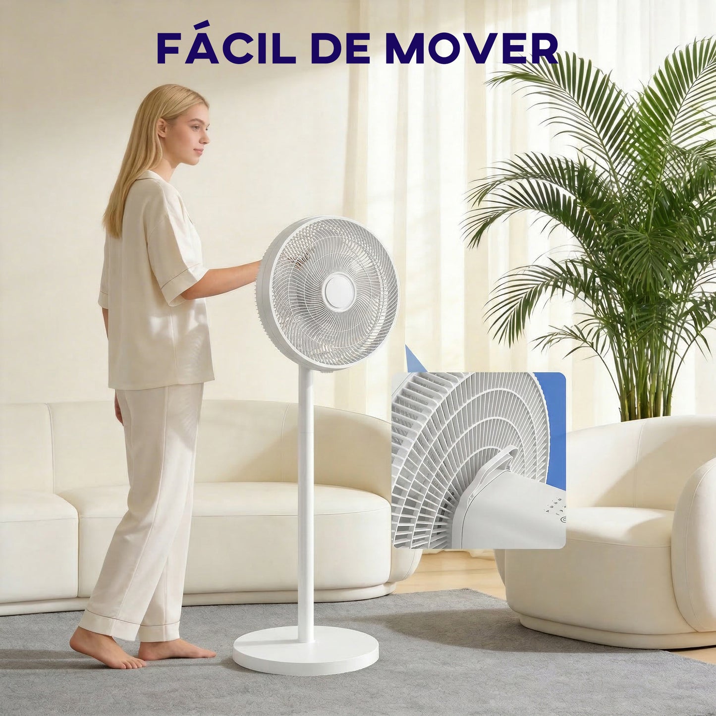 Ventilador de Pie con Control Remoto Altura Ajustable 4 Velocidades Oscilación 80° Temporizador 10H Pantalla LED Blanco