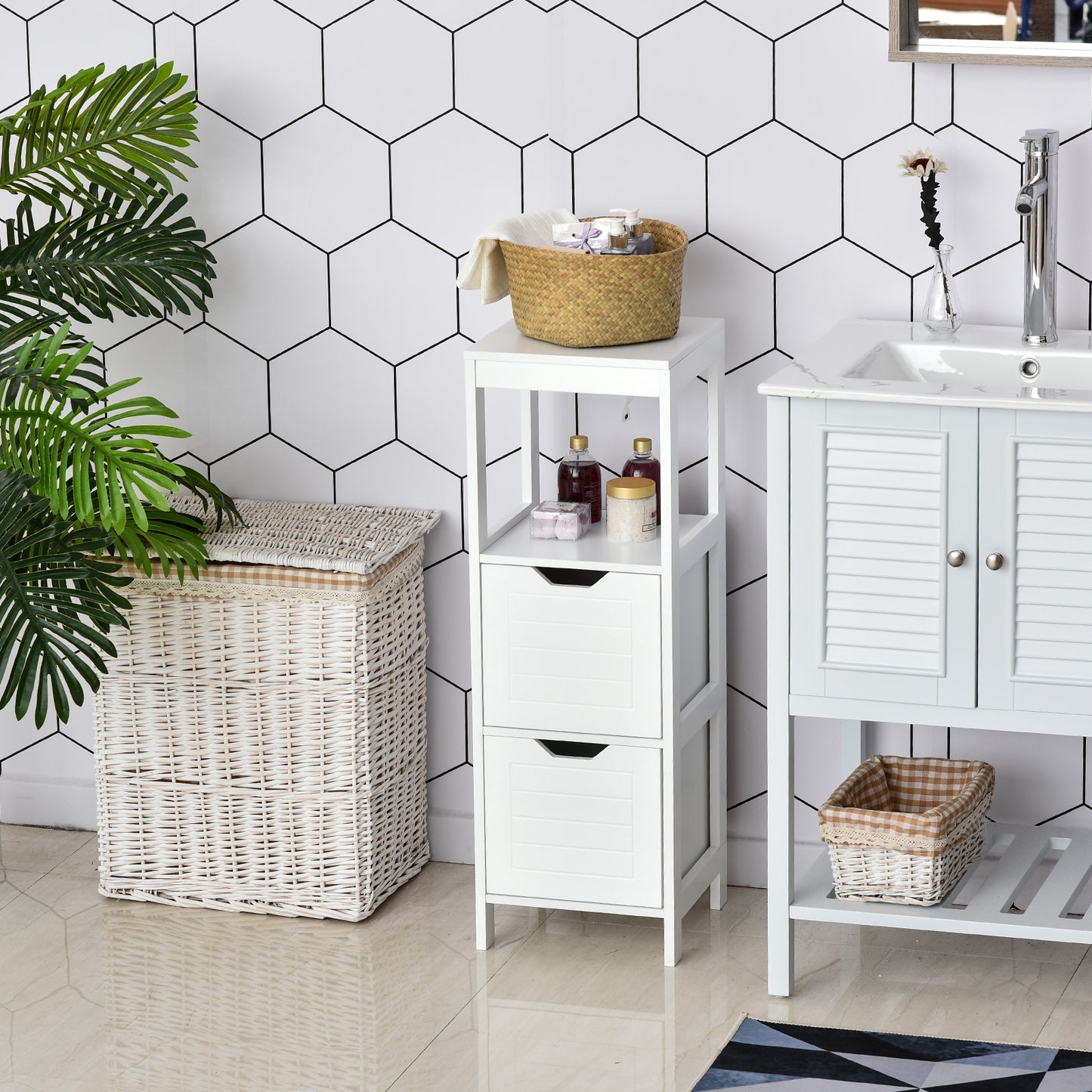 Armario de Baño Gabinete Multifuncional con Estante Abierto 2 Cajones de Almacenaje Diseño Antivuelco 30x30x89 cm Blanco