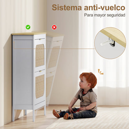 Armario estrecho para zapatos, gabinete delgado estilo boho con 2 cajones abatibles, capacidad para 14 pares, blanco