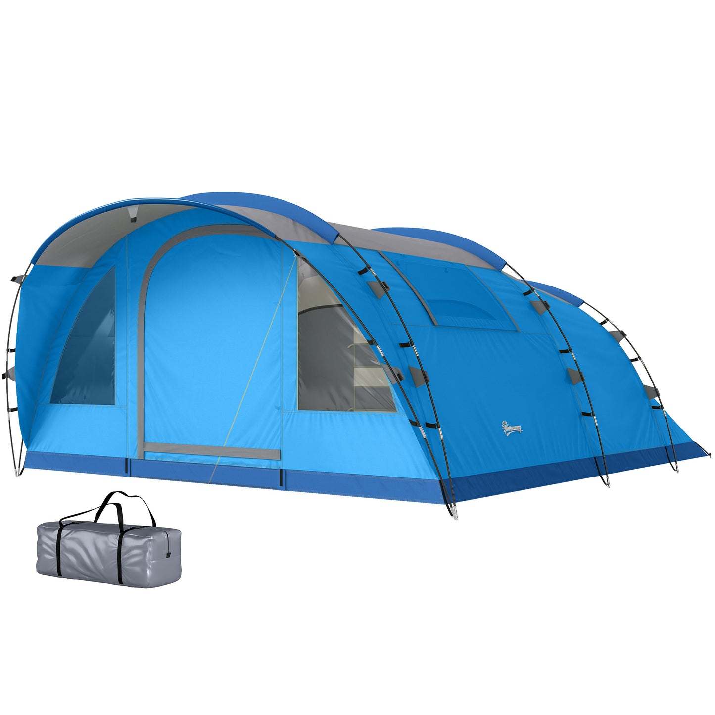 Tienda de Campaña Familiar Tipo Túnel para 5 Personas con 3 Habitaciones Puerta 4 Ventanas Impermeable Fácil Montaje