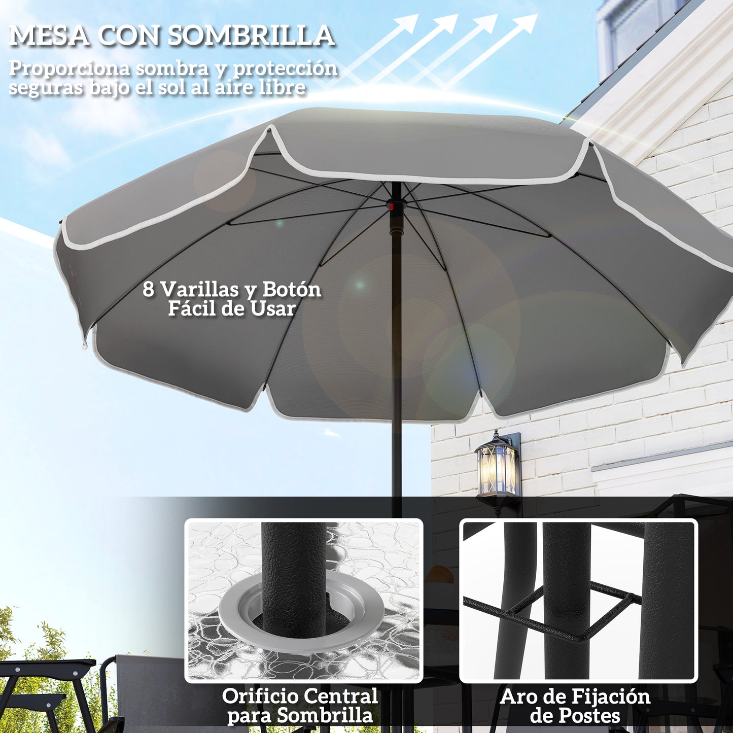 4 Seater Garden Furniture Set, 6 Pieces Garden Table and Chairs with Parasol, Outdoor Garden Dining Set with Folding Chairs and Round Glass Top Table for Patio, Grey
