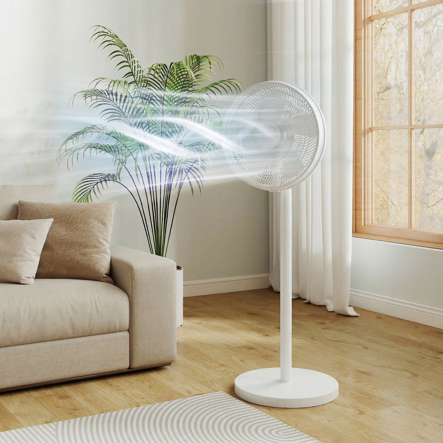 Ventilador de Pie con Control Remoto Altura Ajustable 4 Velocidades Oscilación 80° Temporizador 10H Pantalla LED Blanco