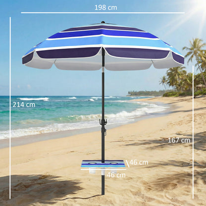 Sombrilla de Playa con Mesa Plegable y Portavasos Ø198 cm Altura Ajustable Inclinación Bolsa de Transporte Multicolor