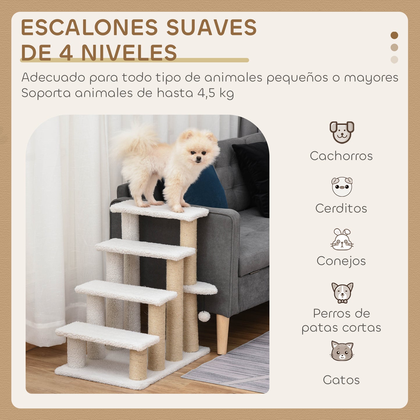 Escalera para Mascotas con Escalón de 4 Peldaños, Rascadores, Plataformas, Pelota de Juguete, para Gatos y Gatitos Mayores de Interior, Blanco
