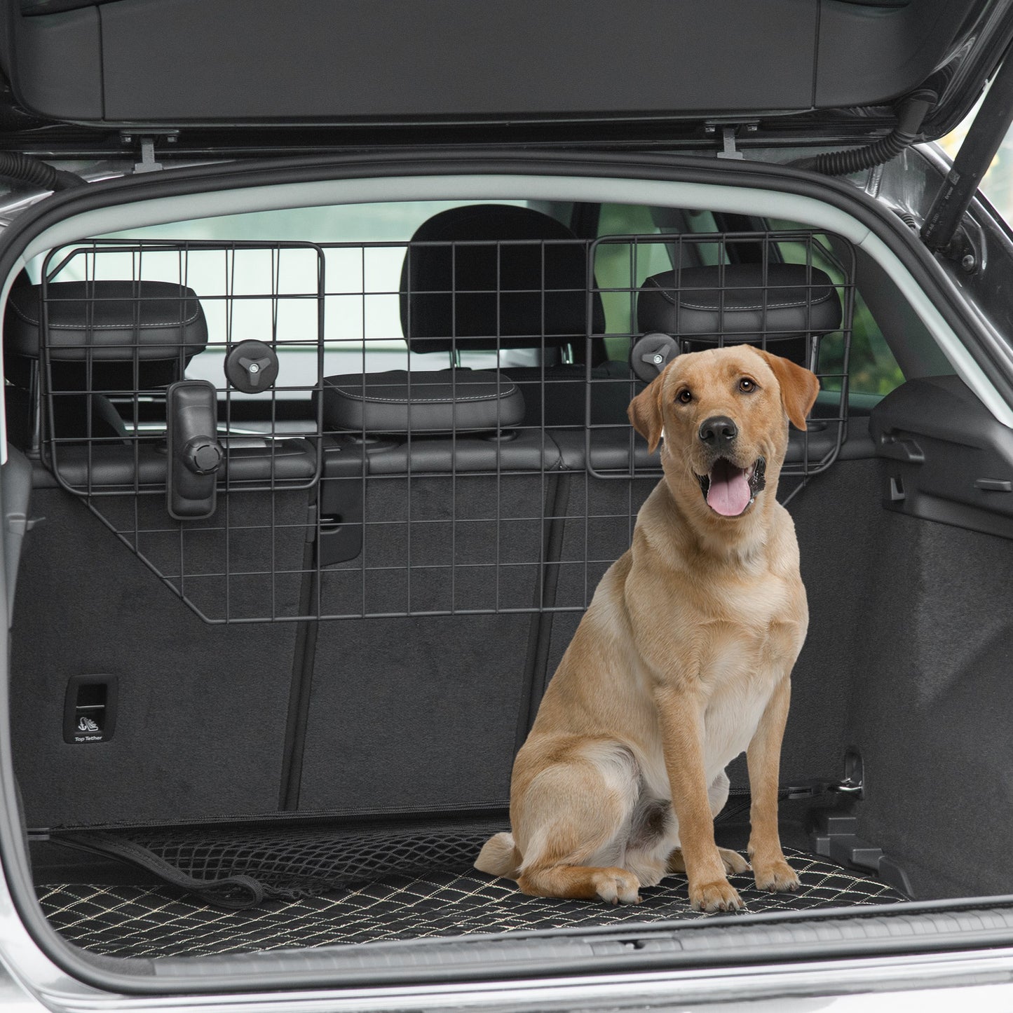 Protector para perros para coches Barrera ajustable para maletero Malla de metal con reposacabezas para mascotas, 90-120W x 40,5H cm