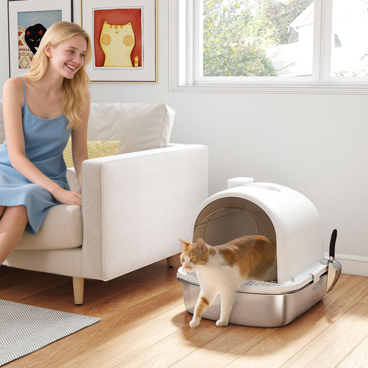 Maison de toilette pour chat bac à litière fermé bac acier inoxydable, nettoyage facile, 52,4 x 41,3 x 39,9 cm, blanc