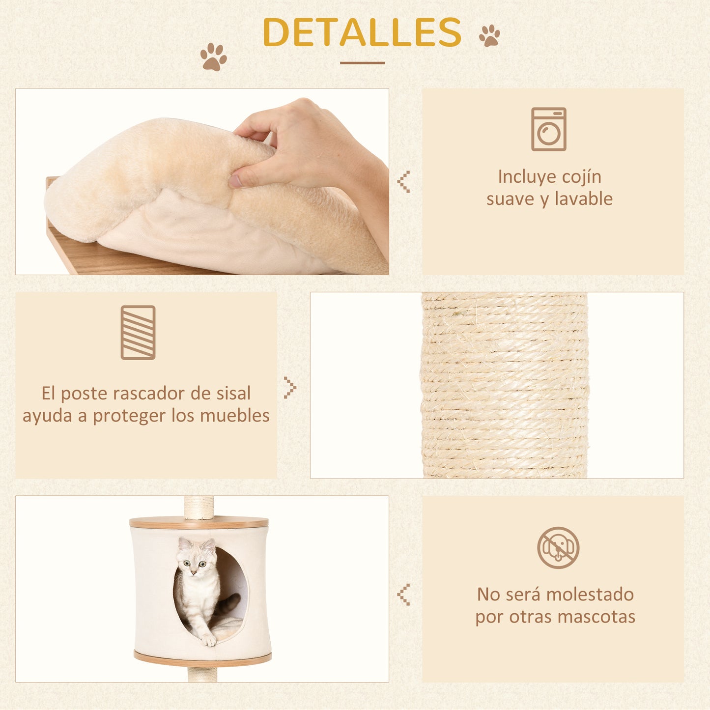 Árbol para Gatos de Pared 38x30x149 cm con Múltiples Plataformas de Madera Cueva Cama Superior Cojín Extraíble Postes Rascadores de Sisal Torre para Escalar Beige y Roble