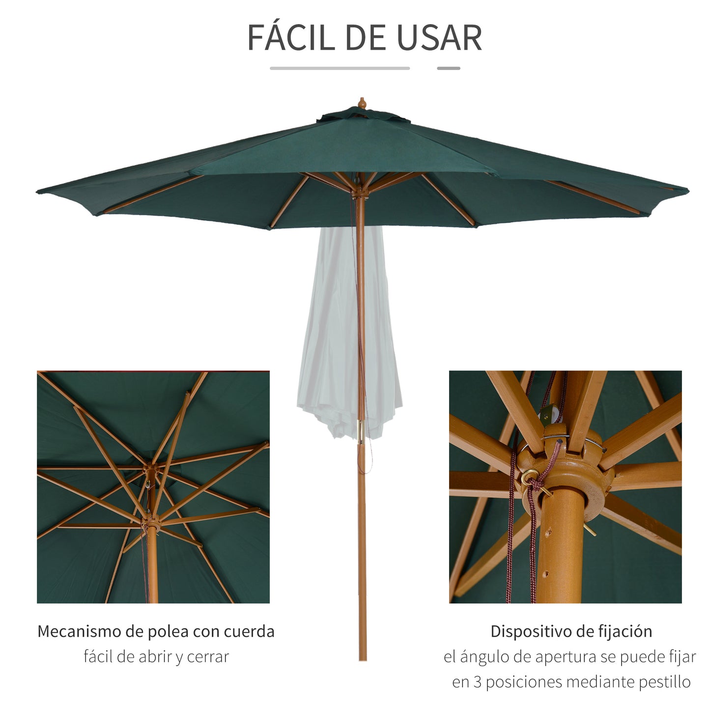 Sombrilla de patio de madera de 3(m), parasol de jardín operado por polea con mecanismo de cuerda y 8 varillas, verde oscuro