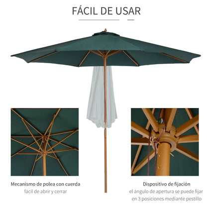 Sombrilla de patio de madera de 3(m), parasol de jardín operado por polea con mecanismo de cuerda y 8 varillas, verde oscuro