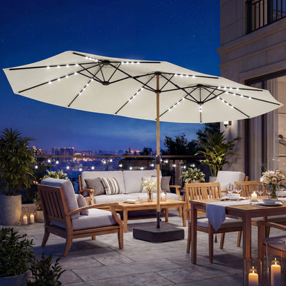 Sombrilla de jardín de doble cara con base incluida y 48 luces LED solares. Manivela para sombrilla de patio de 4,6 m, color blanco crema.