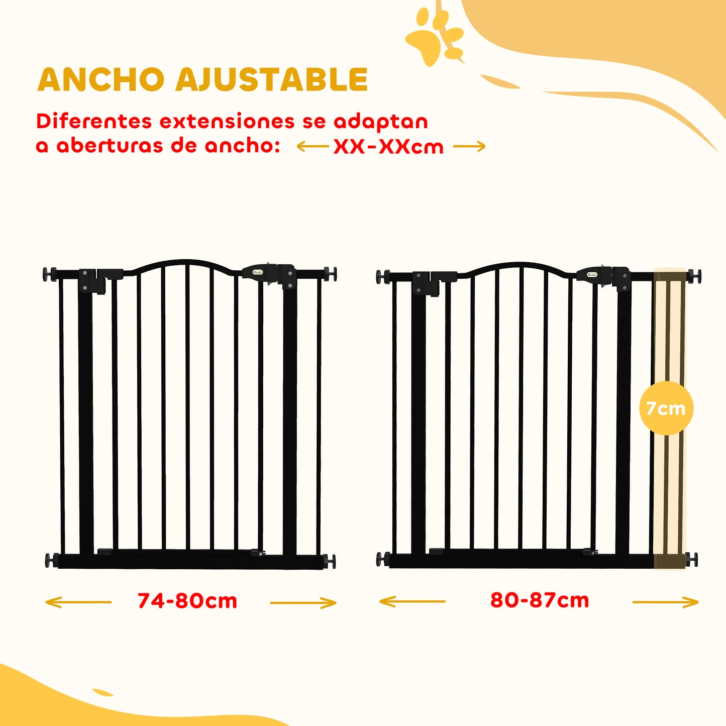 Puerta de seguridad para mascotas ajustable de metal 74-87 cm con puerta de cierre automático Negra