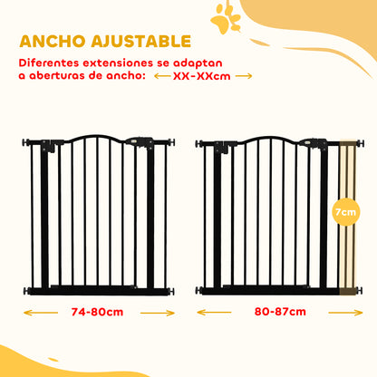 Puerta de seguridad para mascotas ajustable de metal 74-87 cm con puerta de cierre automático Negra