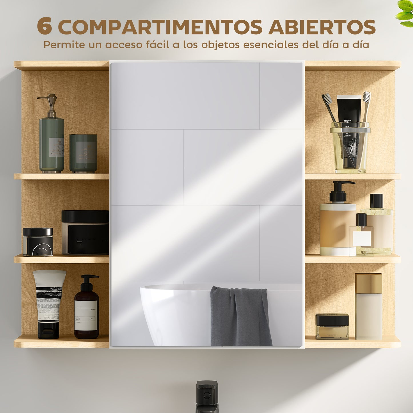 Armario de Espejo de Baño con Estantes Abiertos de Almacenamiento - Acabado en Madera Natural