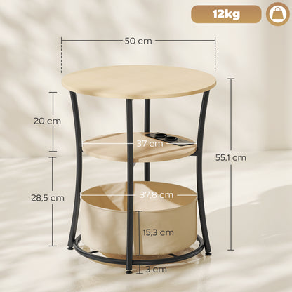 Mesa Auxiliar Redonda de 3 Niveles con Estación de Carga 3 Estantes y Bolsa para Salón Dormitorio Ø50x55,1 cm Natural