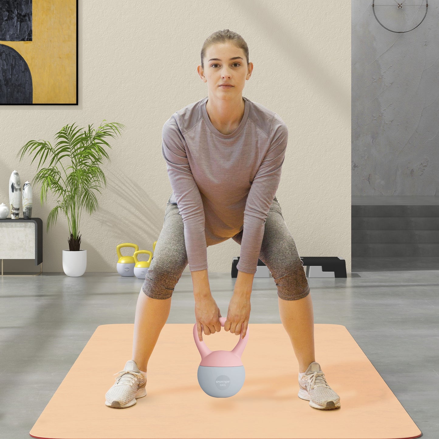 Kettlebell suave de 6KG, Kettlebell con mango antideslizante para gimnasio en casa, levantamiento de pesas, entrenamiento de fuerza, rosa/gris
