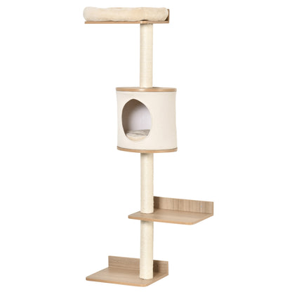 Árbol para Gatos de Pared 38x30x149 cm con Múltiples Plataformas de Madera Cueva Cama Superior Cojín Extraíble Postes Rascadores de Sisal Torre para Escalar Beige y Roble