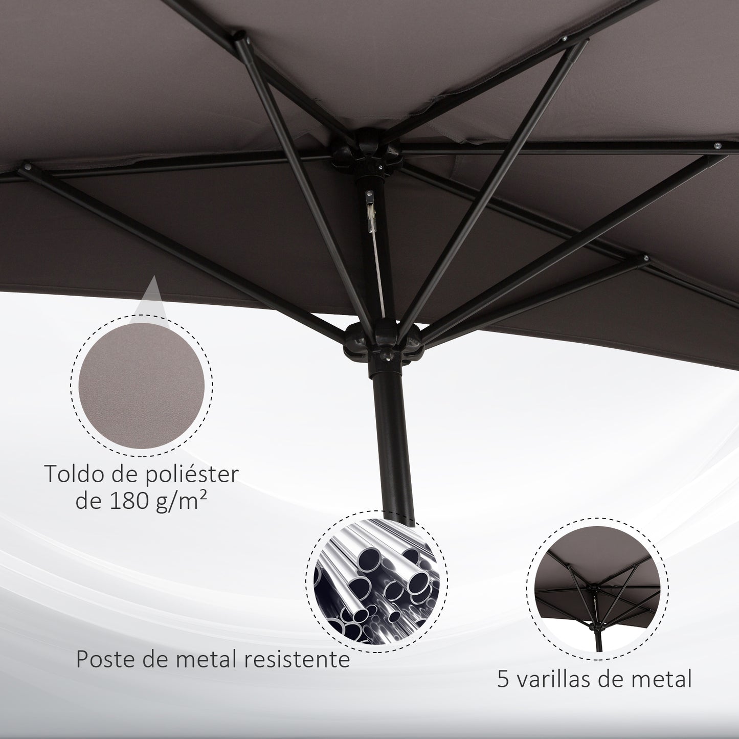 Sombrilla de jardín de medio 2,7 m, paraguas exterior para balcón con 5 varillas de acero, sombra para patio, gris