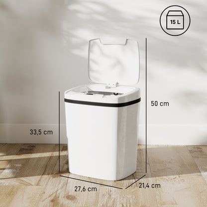 Cubo de sensor de 15L, cubo de cocina automático sin contacto, fácil de limpiar, funciona con batería para hogar, oficina, dormitorio, baño, blanco