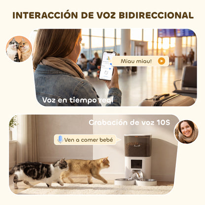 Comedero Automático 6L WiFi 2.4G con Control App 2 Cuencos Programable 1-10 Comidas Grabadora Voz 10s Fácil de Limpiar