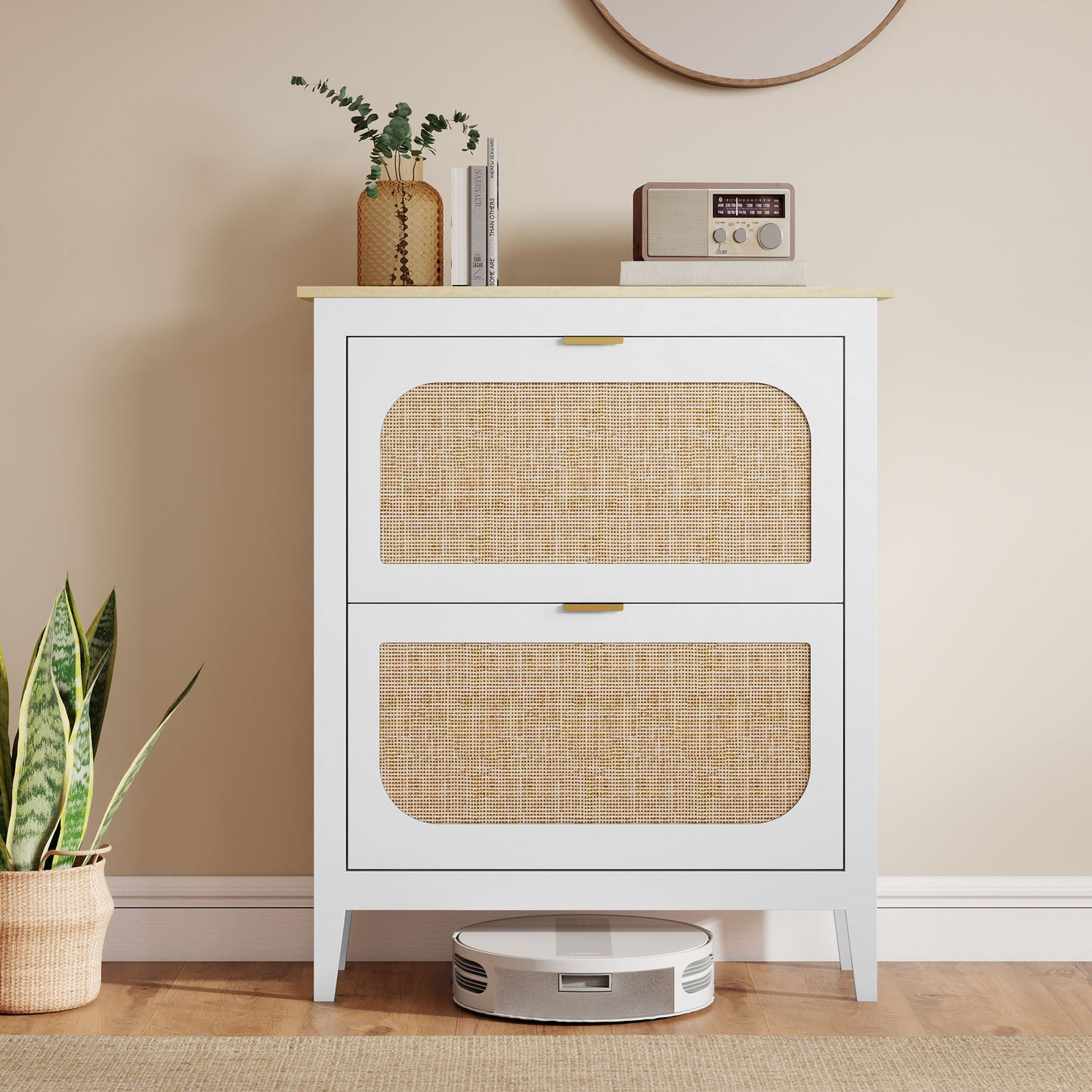 Armario estrecho para zapatos, gabinete delgado estilo boho con 2 cajones abatibles, capacidad para 14 pares, blanco