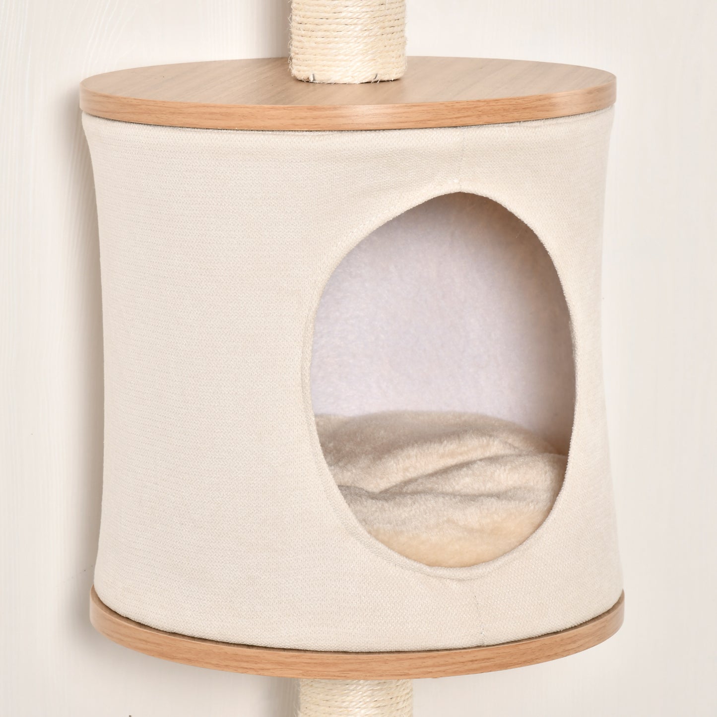 Árbol para Gatos de Pared 38x30x149 cm con Múltiples Plataformas de Madera Cueva Cama Superior Cojín Extraíble Postes Rascadores de Sisal Torre para Escalar Beige y Roble