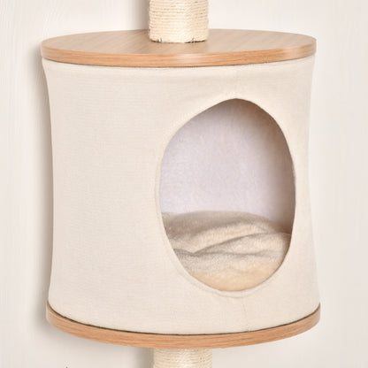 Árbol para Gatos de Pared 38x30x149 cm con Múltiples Plataformas de Madera Cueva Cama Superior Cojín Extraíble Postes Rascadores de Sisal Torre para Escalar Beige y Roble
