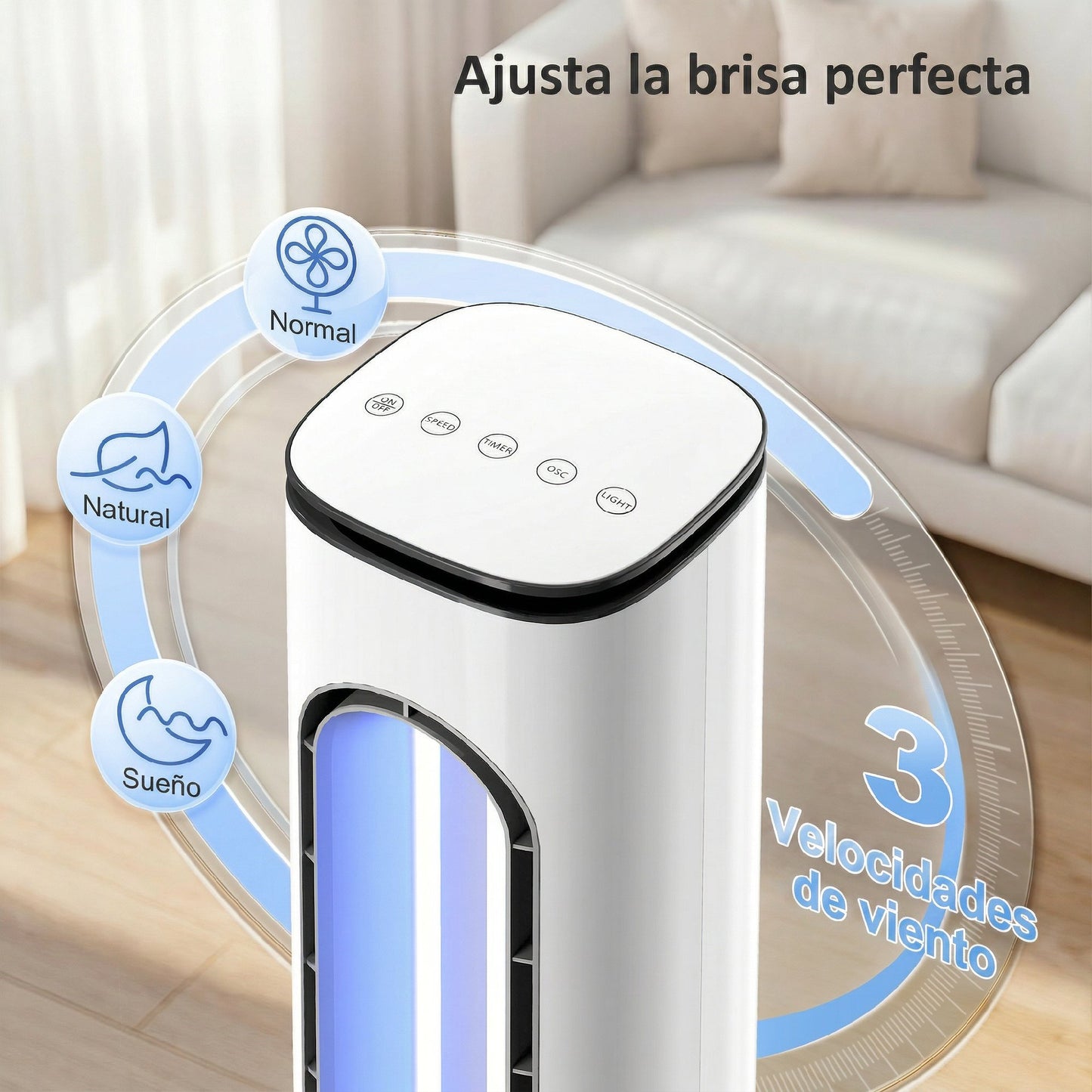 Ventilador de Torre sin Aspas con Luces LED Control Remoto 3 Velocidades 3 Modos Temporizador 15H Oscilación 50° Blanco