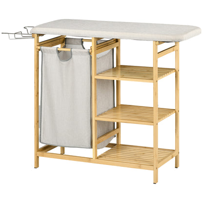 Cesto de Ropa Sucia 57,4L con Tabla de Planchar Soporte para Plancha 3 Estantes y Bolsa Extraíble 113x34x82 cm Natural
