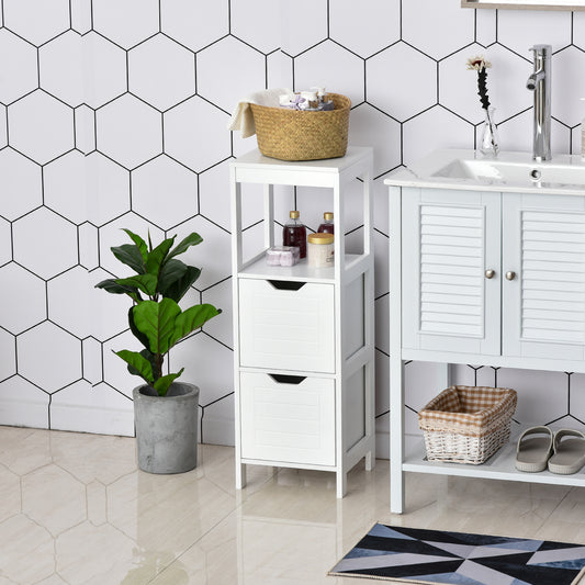 Armario de Baño Gabinete Multifuncional con Estante Abierto 2 Cajones de Almacenaje Diseño Antivuelco 30x30x89 cm Blanco
