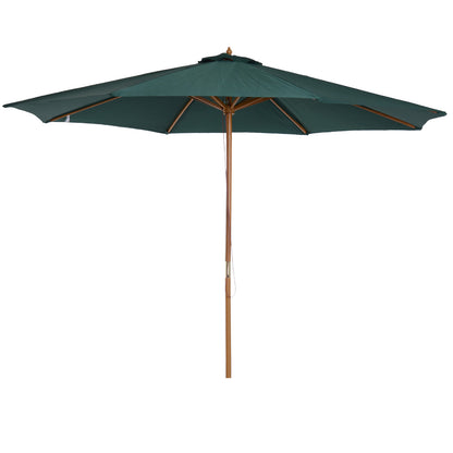 Sombrilla de patio de madera de 3(m), parasol de jardín operado por polea con mecanismo de cuerda y 8 varillas, verde oscuro
