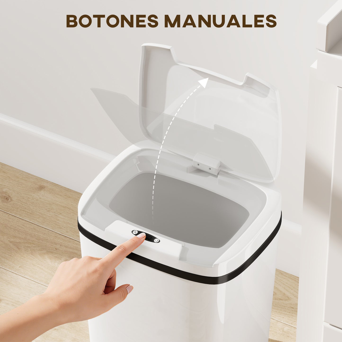 Cubo de sensor de 15L, cubo de cocina automático sin contacto, fácil de limpiar, funciona con batería para hogar, oficina, dormitorio, baño, blanco
